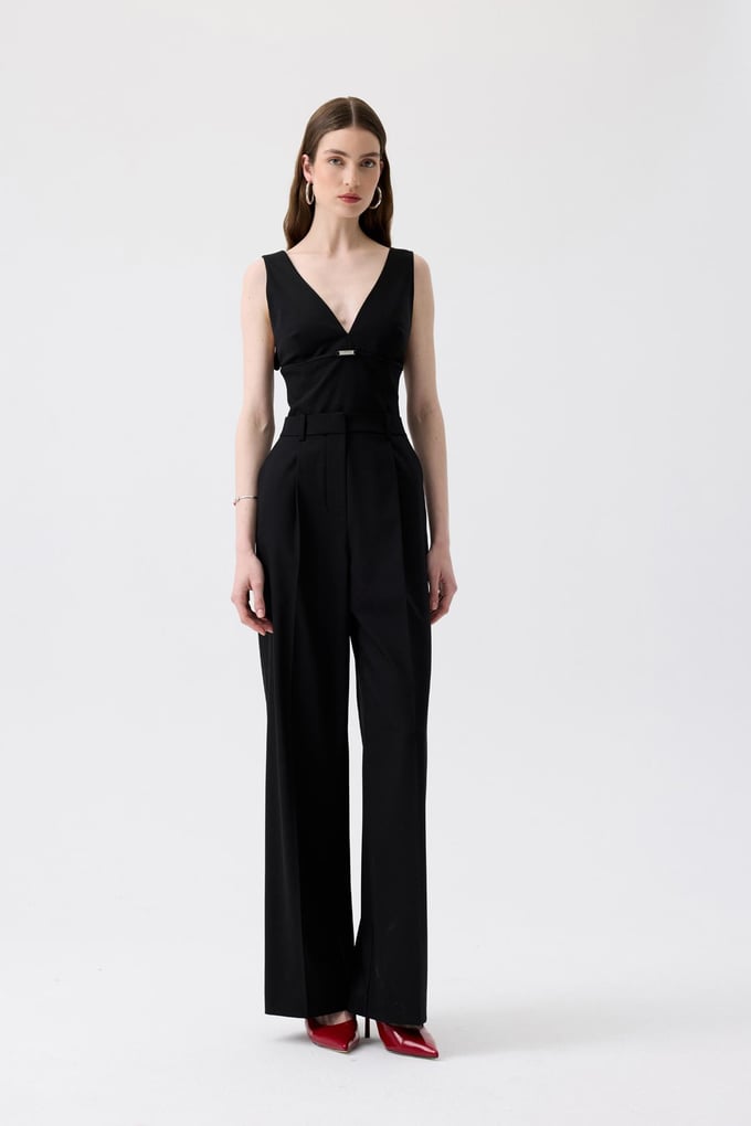 Metal Accessory V-Neck Black Jumpsuit