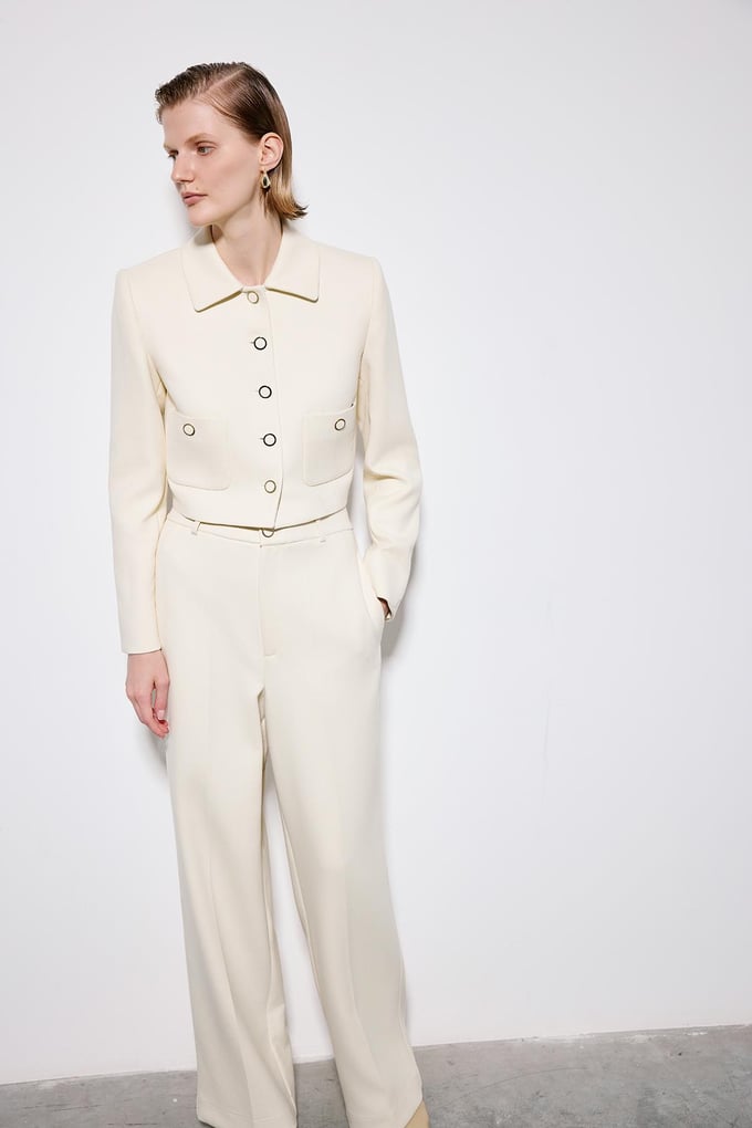 Ecru Crop Blazer With Metal Buttons