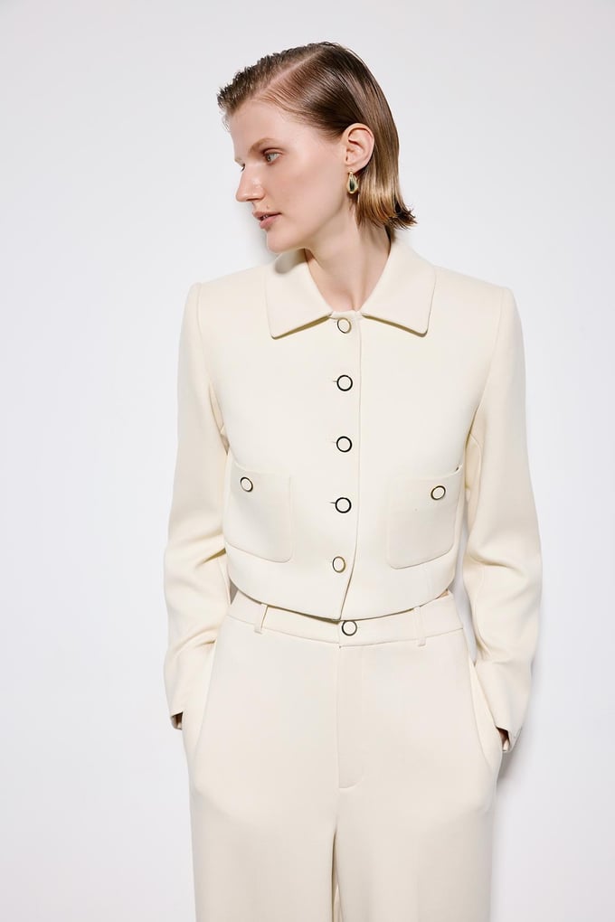 Ecru Crop Blazer With Metal Buttons