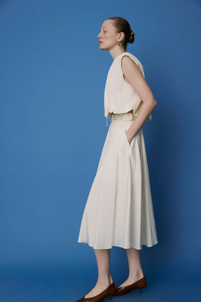 Metal Buckle Belted Side Pocket Flared Ecru Skirt