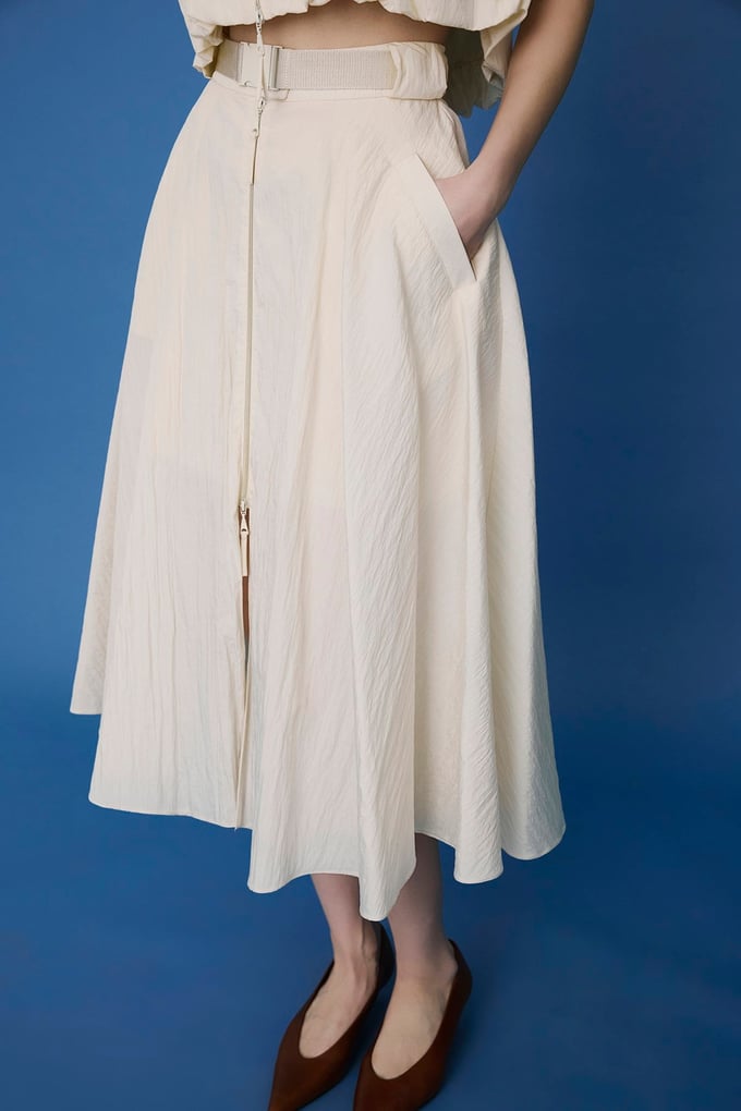Metal Buckle Belted Side Pocket Flared Ecru Skirt