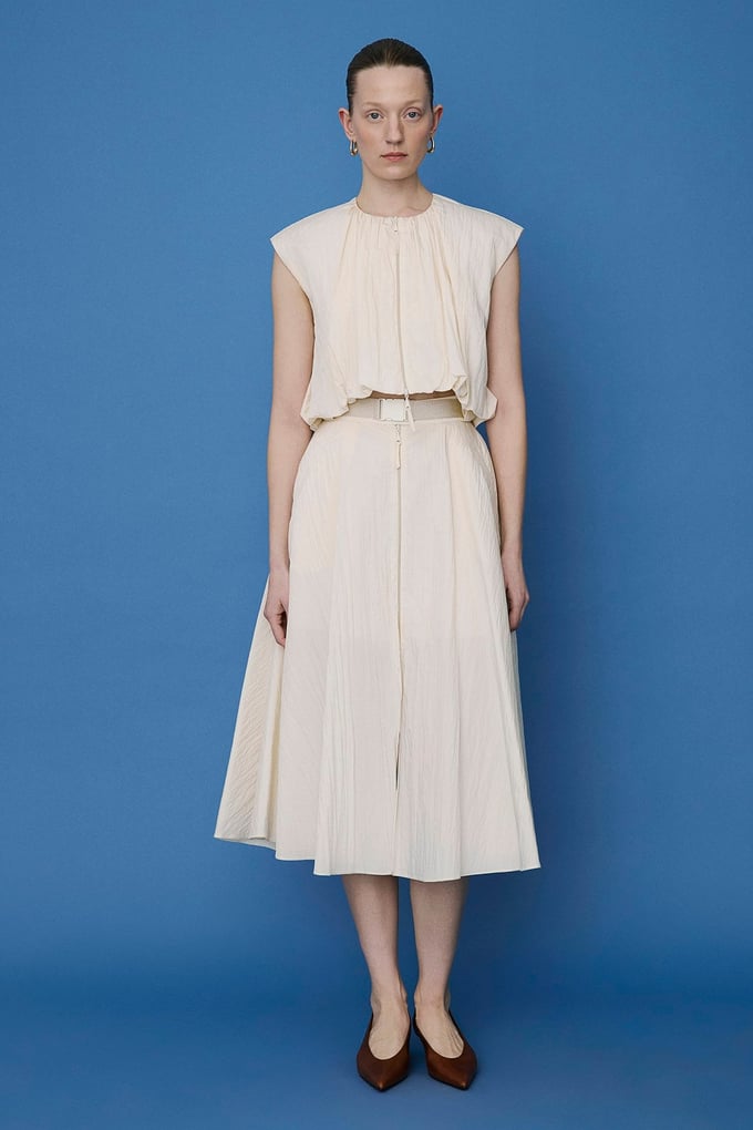 Metal Buckle Belted Side Pocket Flared Ecru Skirt