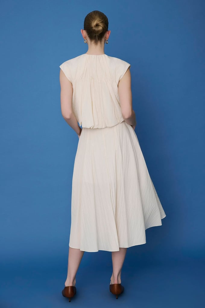 Metal Buckle Belted Side Pocket Flared Ecru Skirt