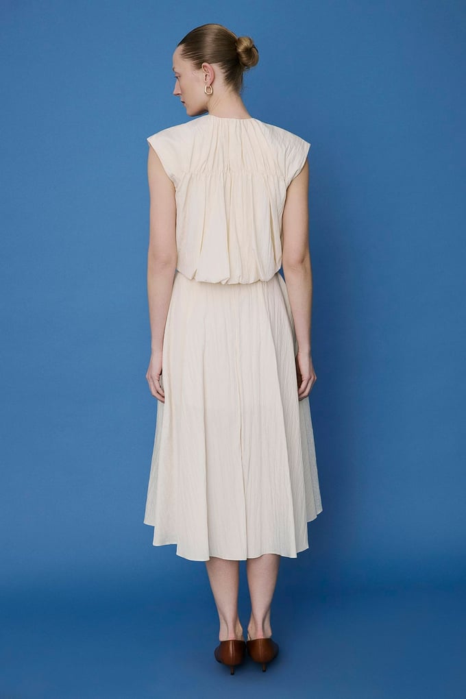 Metal Buckle Belted Side Pocket Flared Ecru Skirt