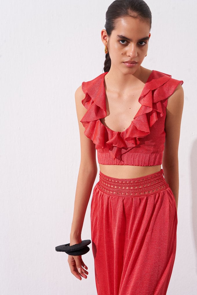 Narçiçeği Fırfırlı Crop Triko Bluz