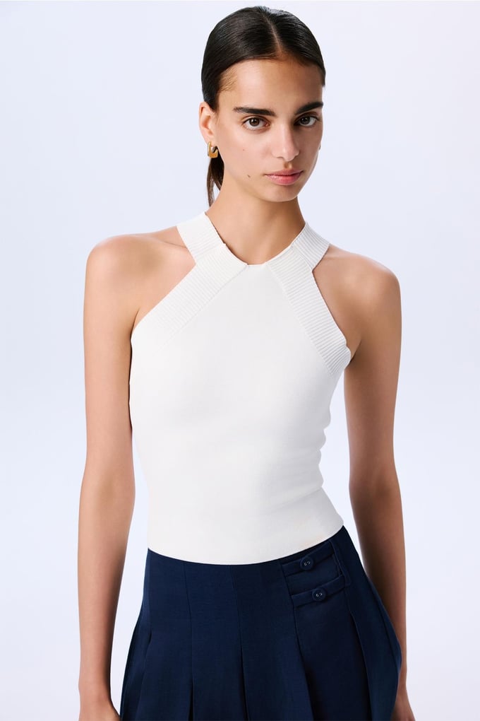 Shoulder Cutout Basic Crop Ecru Blouse  