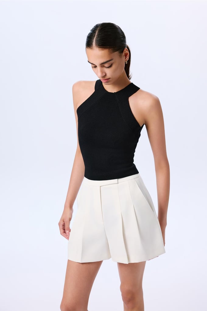Shoulder Cutout Basic Crop Black Blouse  