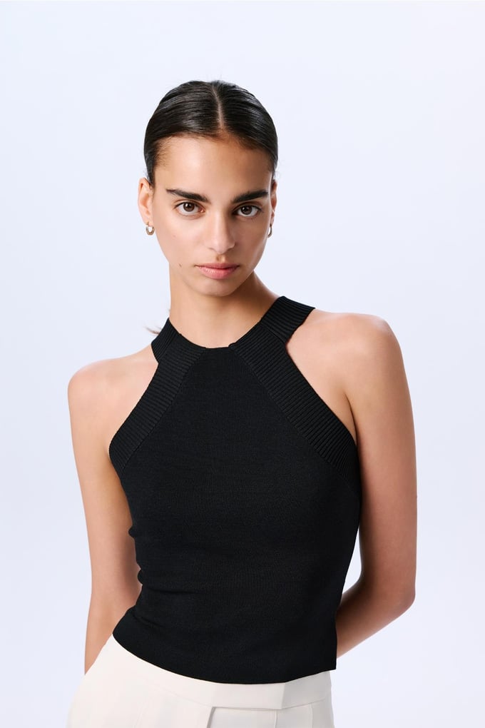 Shoulder Cutout Basic Crop Black Blouse  