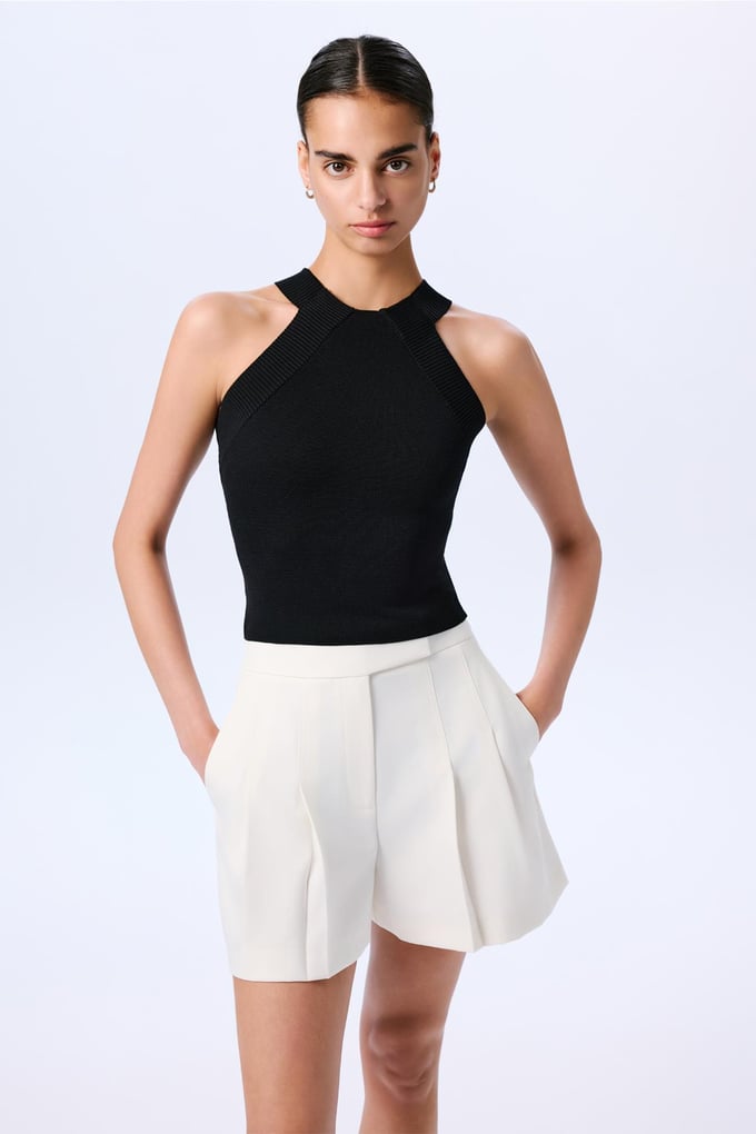 Shoulder Cutout Basic Crop Black Blouse  