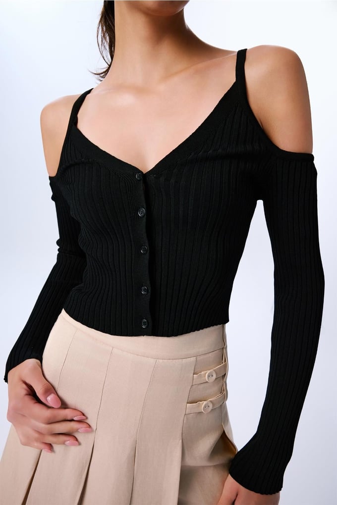 Omuz Dekolteli Crop Siyah Bluz