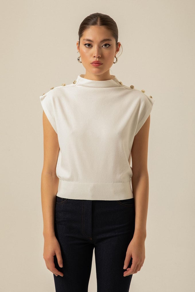Shoulder Button Detail Ecru Knit Blouse