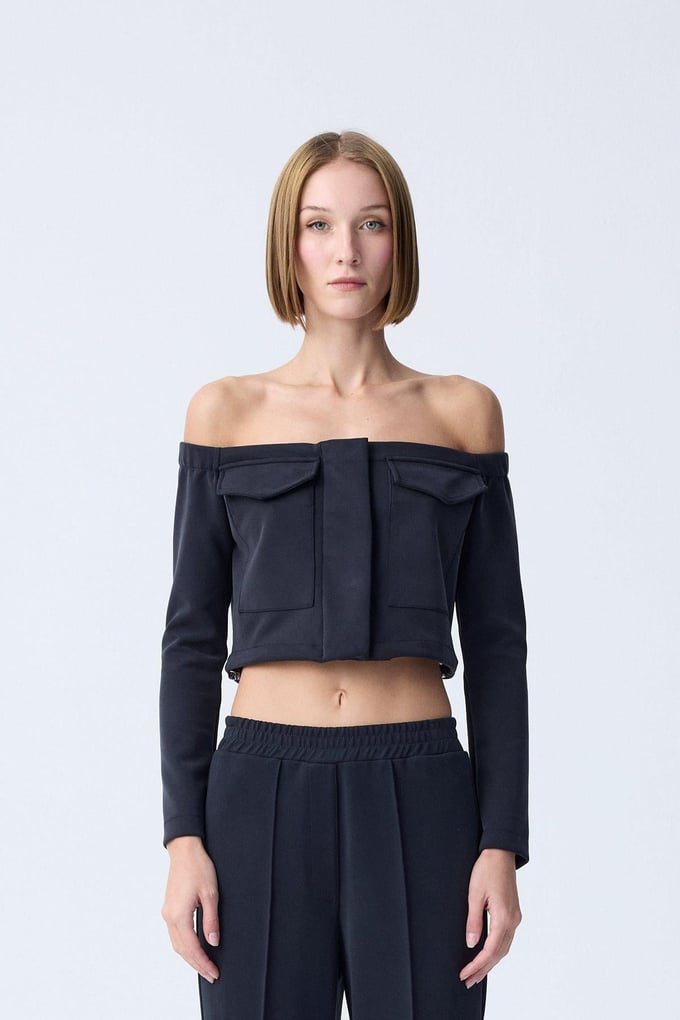 Off-Shoulder Knit Black Blouse