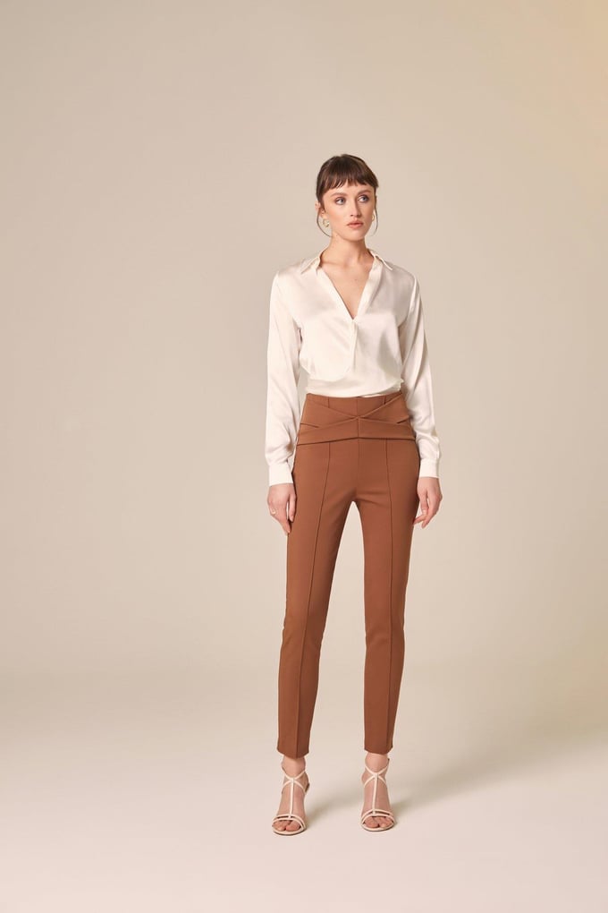 Front Cross Detailed Brown Trousers