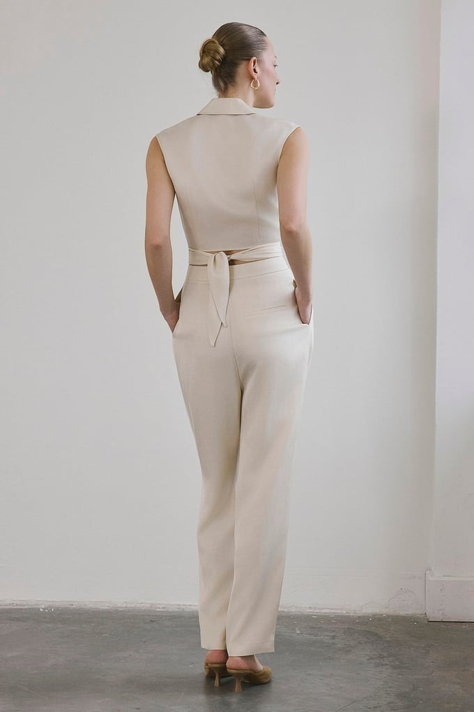 Front Pleated Linen Blend Ecru Trousers