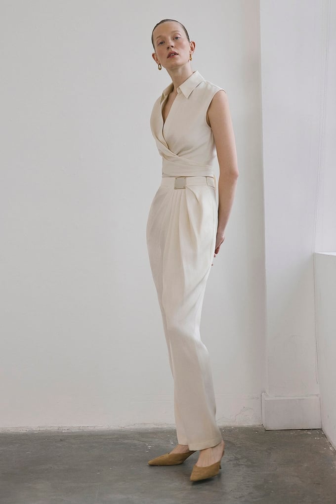 Front Pleated Linen Blend Ecru Trousers