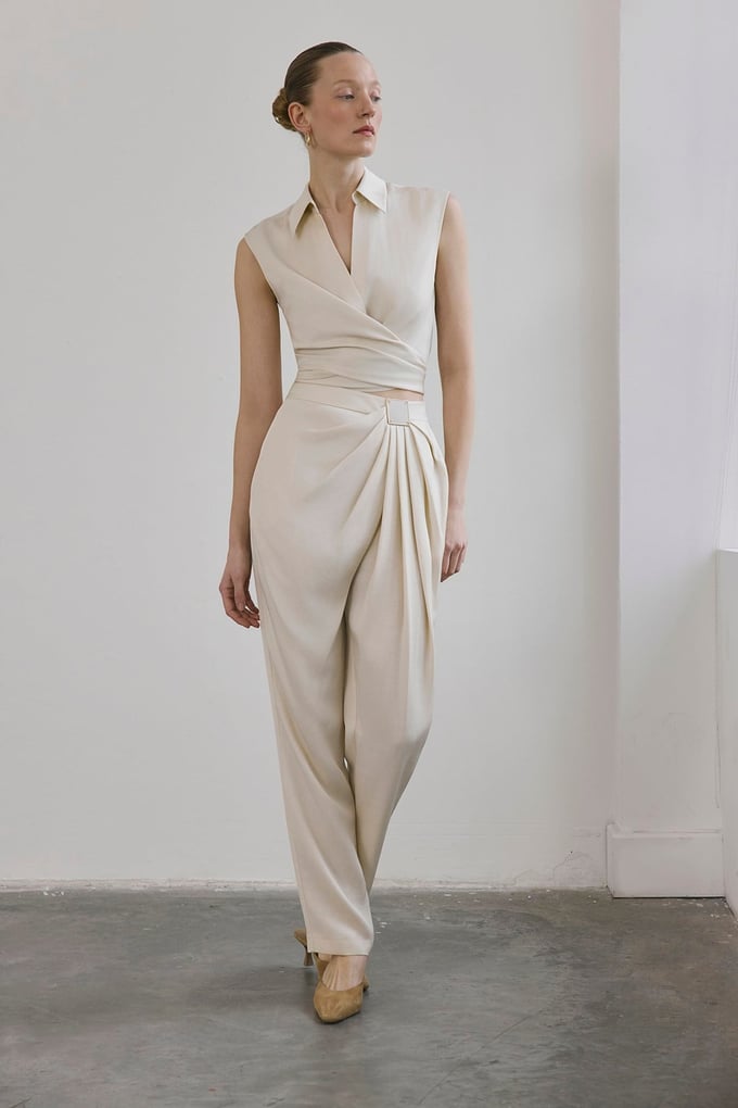 Front Pleated Linen Blend Ecru Trousers
