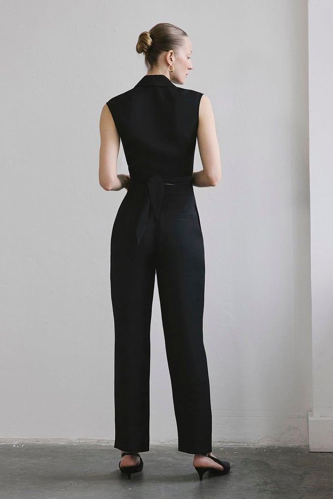 Front Pleated Linen Blend Black Trousers
