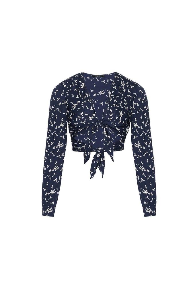 Önden Bağlamalı Desenli Lacivert Crop Top