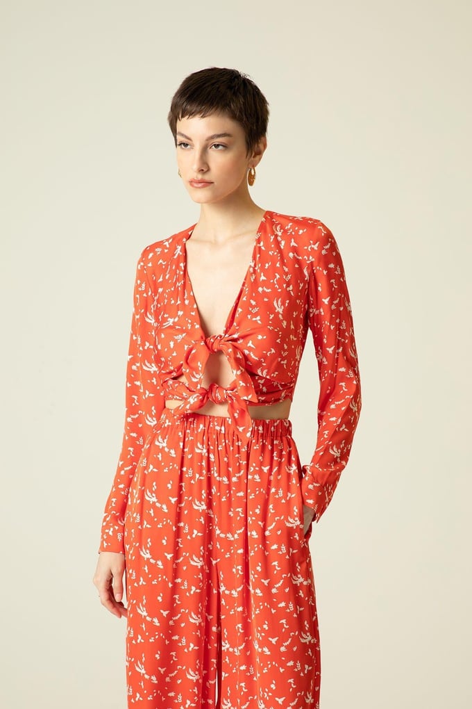 Front Tie Patterned Poppy Red Blouse