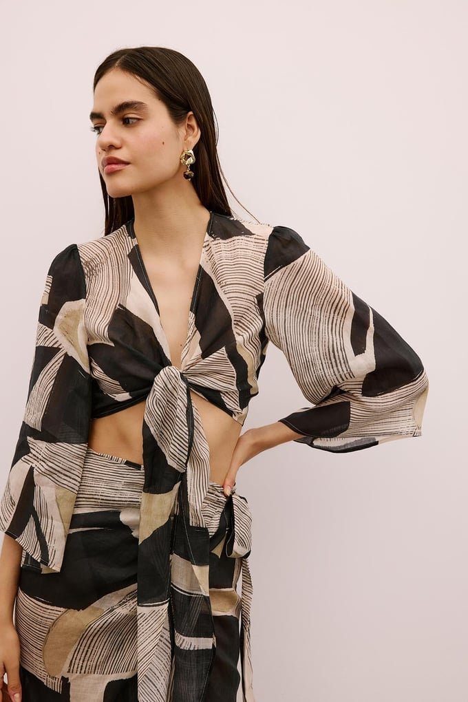 Front-Tied Patterned Black Crop Blouse