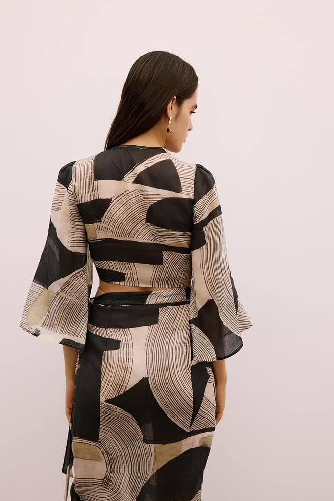 Front-Tied Patterned Black Crop Blouse