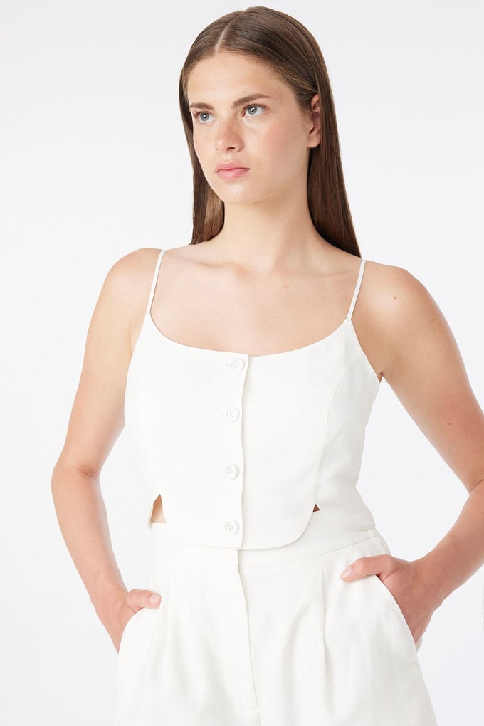Front Button Thin Strapped Ecru Blouse