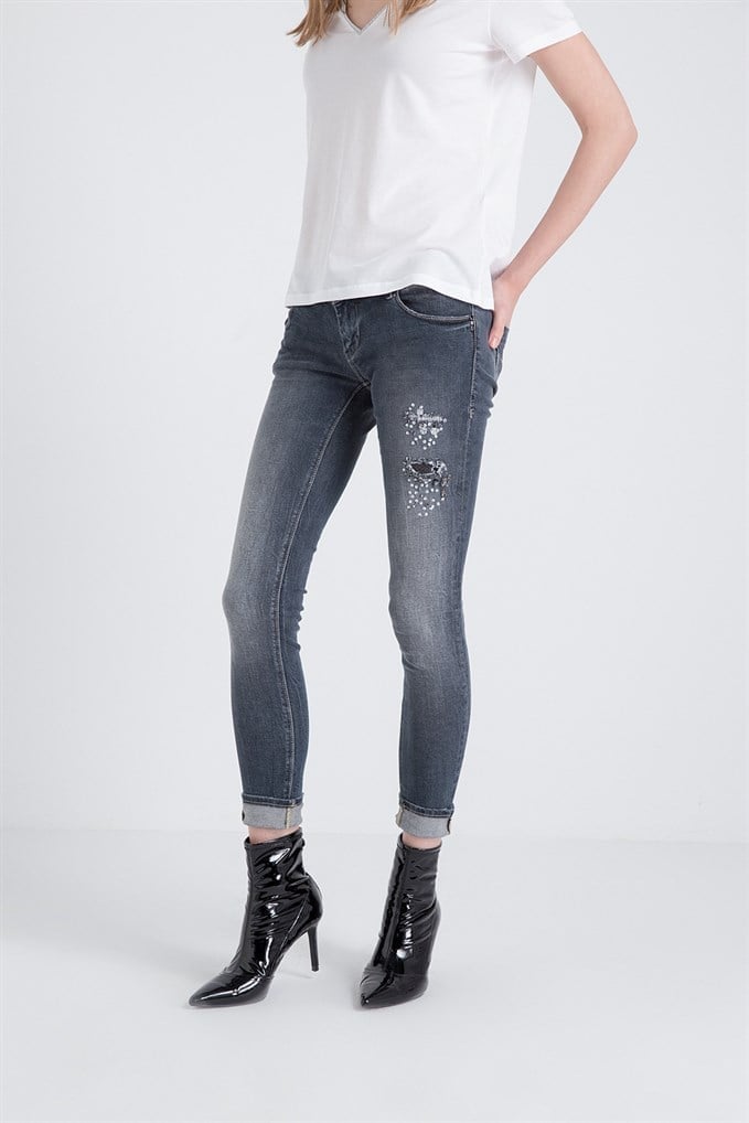 Önü Taş İşlemeli Denim Pantolon Greystone Renk