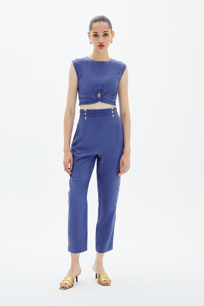 High-Waist Indigo Trousers with Braided Belt