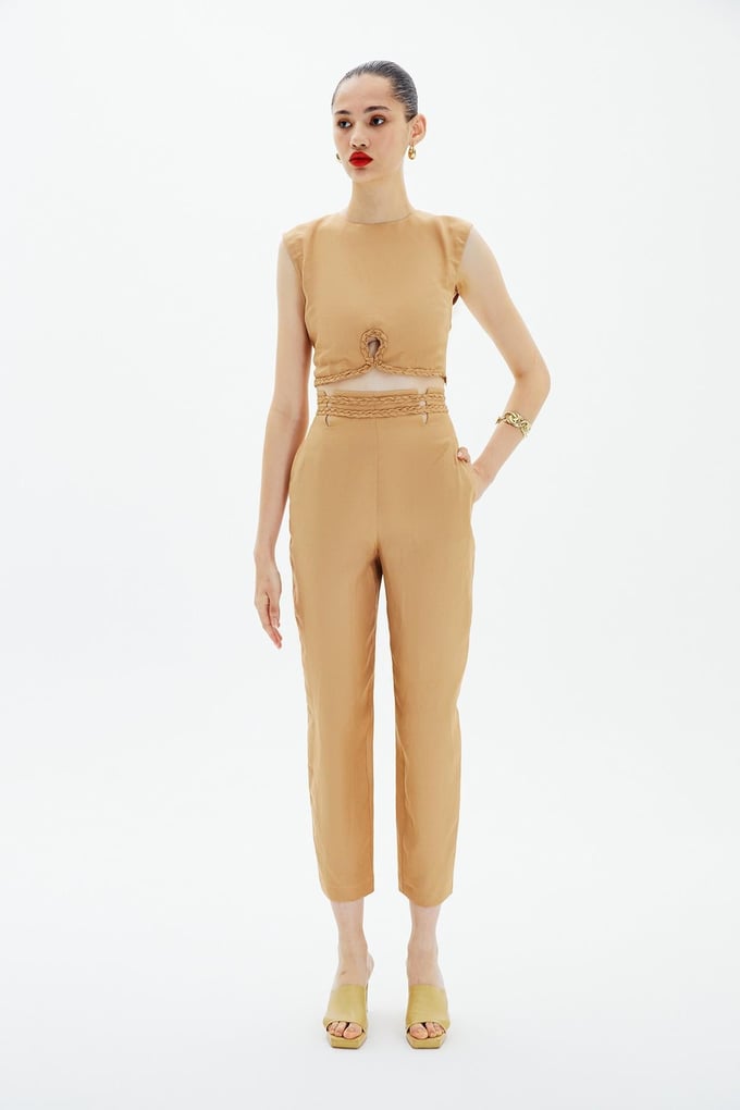 High-Waist Ecru Trousers with Braided Belt