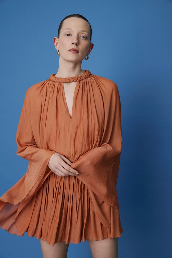 Knit Neck Ruffle Sleeve Short Brick Dress