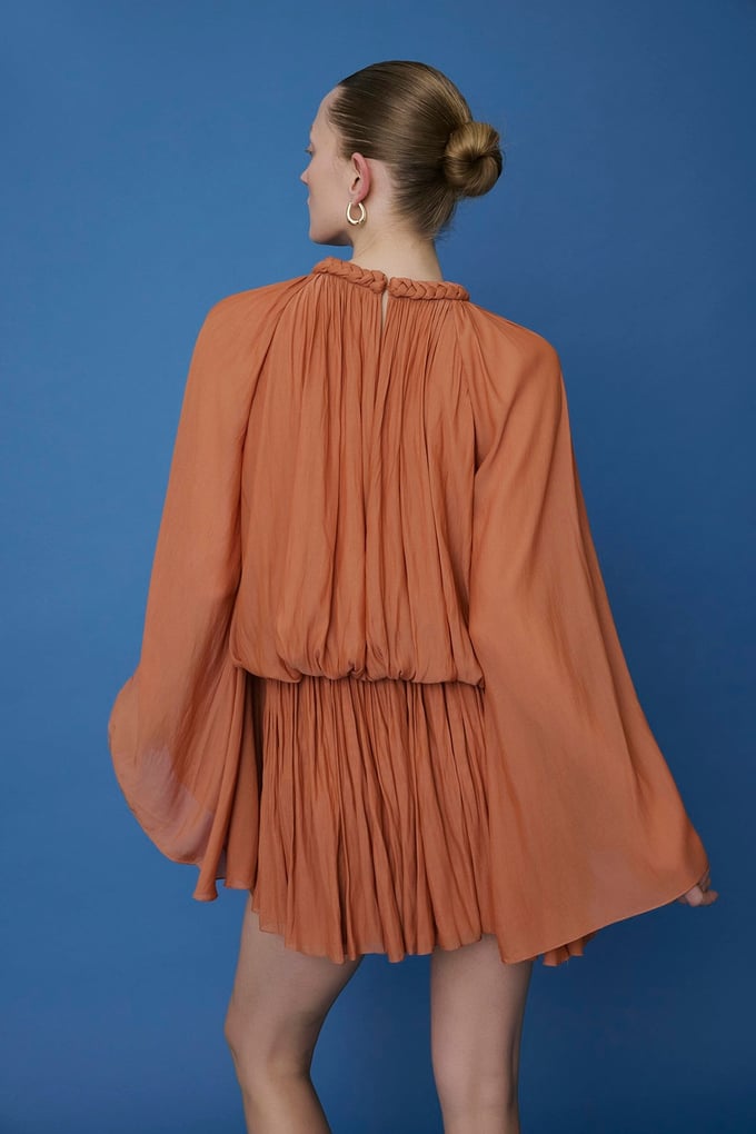 Knit Neck Ruffle Sleeve Short Brick Dress