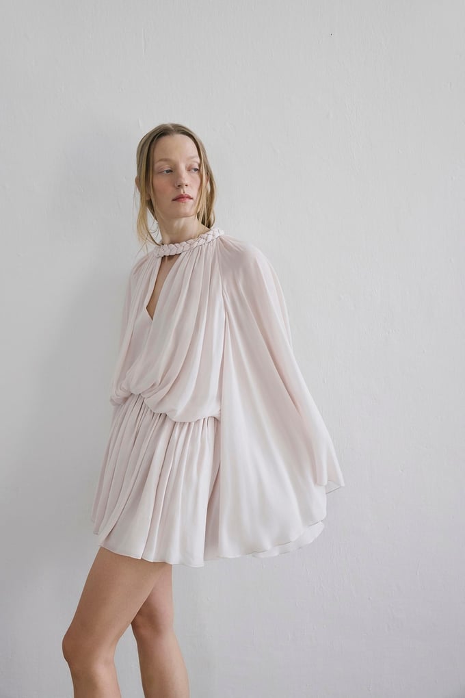 Knit Neck Ruffle Sleeve Short Stone Dress