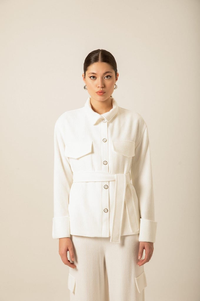 Oversized Belted Knitted Ecru Jacket