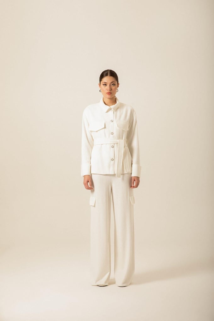 Oversized Belted Knitted Ecru Jacket