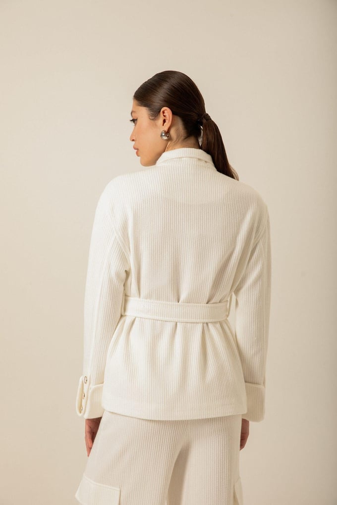 Oversized Belted Knitted Ecru Jacket