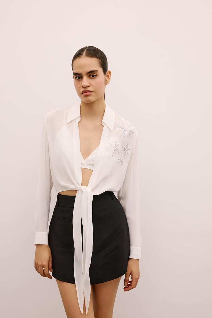 Sequined Tie-Front Ecru Crop Blouse