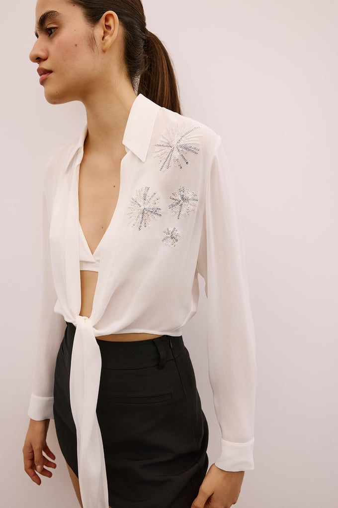 Sequined Tie-Front Ecru Crop Blouse