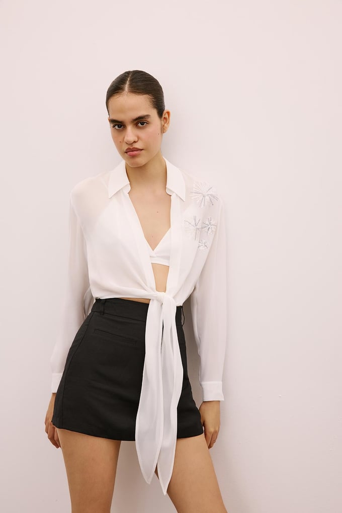 Sequined Tie-Front Ecru Crop Blouse