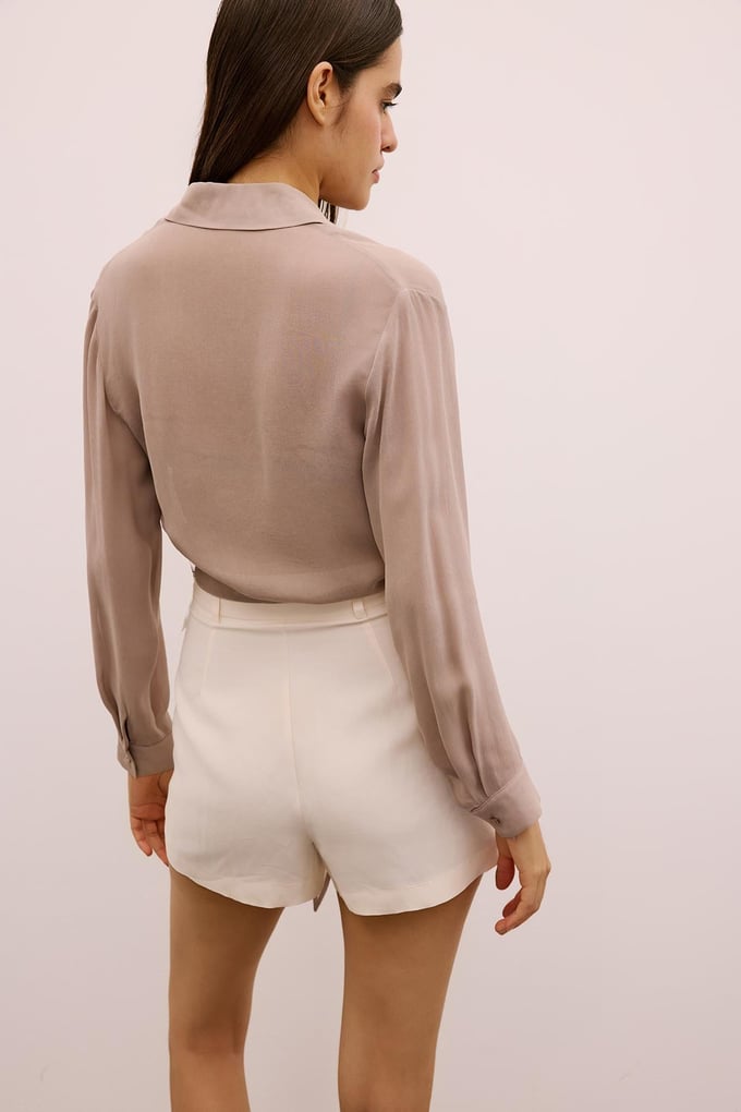 Sequined Tie-Front Taupe Crop Blouse