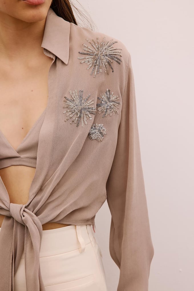 Sequined Tie-Front Taupe Crop Blouse