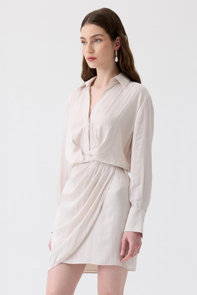Pleated Wrap Ecru Mini Dress
