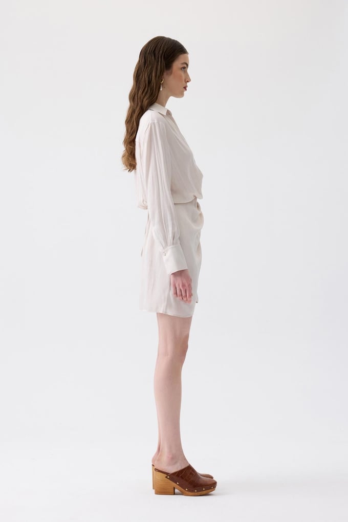 Pleated Wrap Ecru Mini Dress