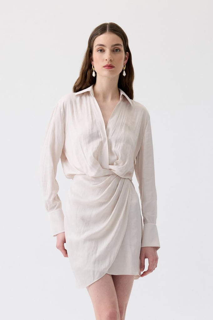 Pleated Wrap Ecru Mini Dress