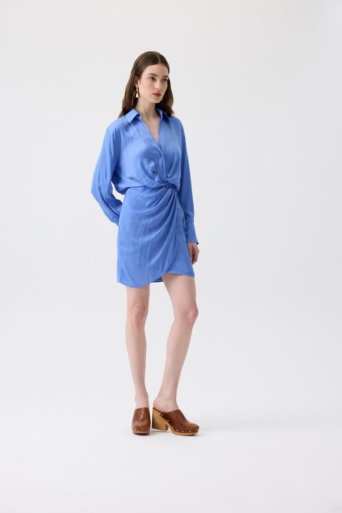 Pleated Wrap Blue Mini Dress