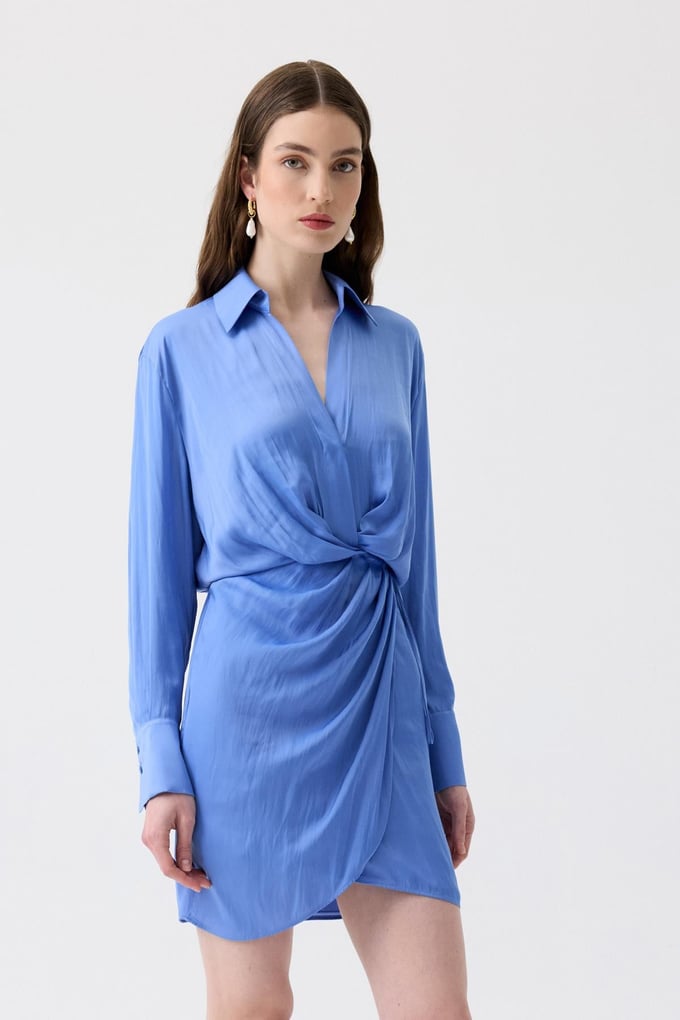 Pleated Wrap Blue Mini Dress