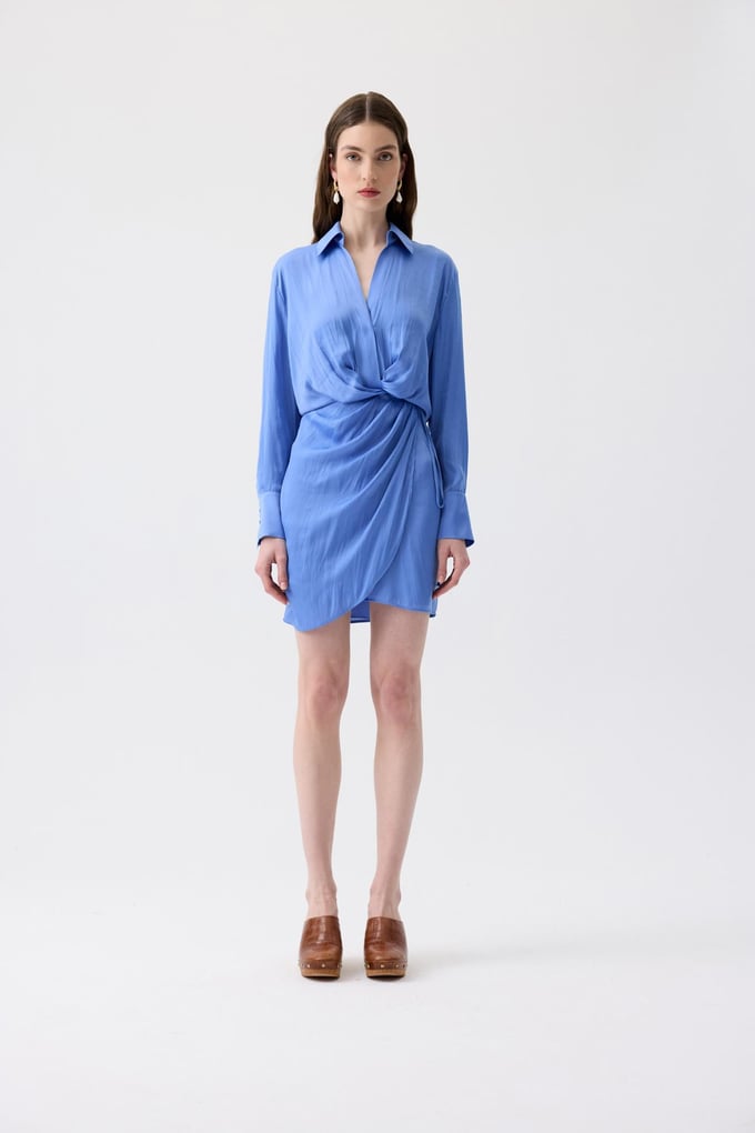 Pleated Wrap Blue Mini Dress
