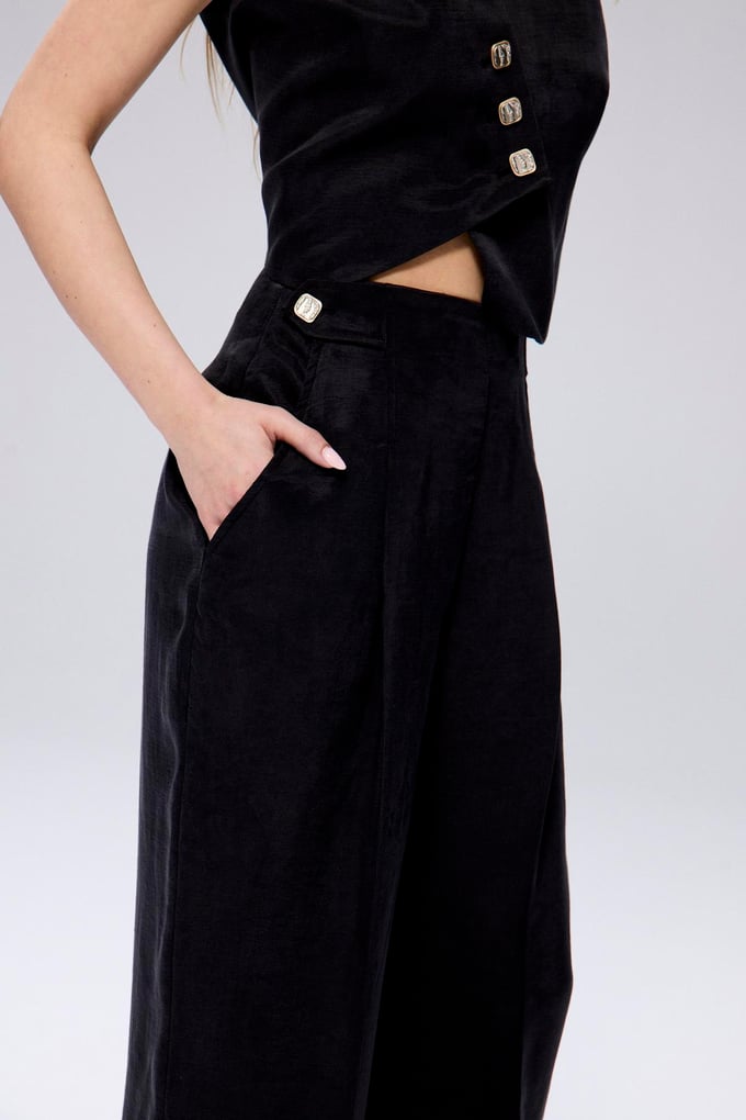 Pleated High Waist Black Linen Pants