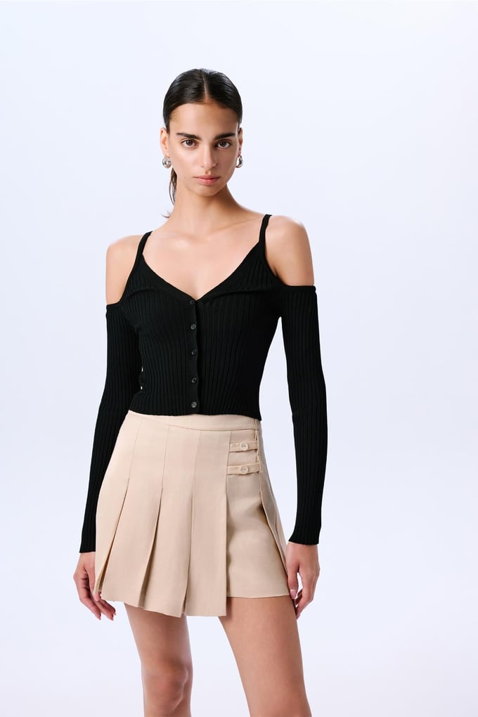 Pleated Linen Blended Beige Skirt  