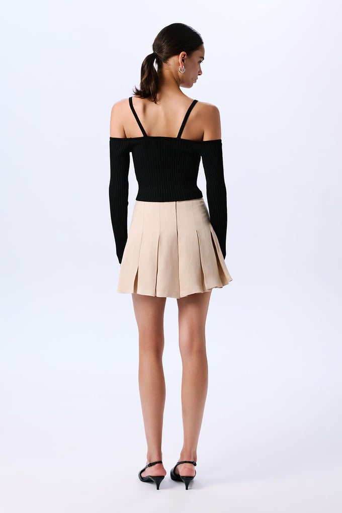 Pleated Linen Blended Beige Skirt  