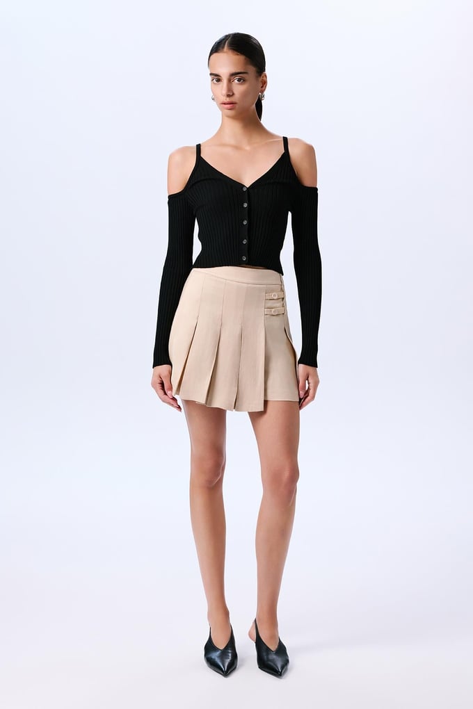 Pleated Linen Blended Beige Skirt  